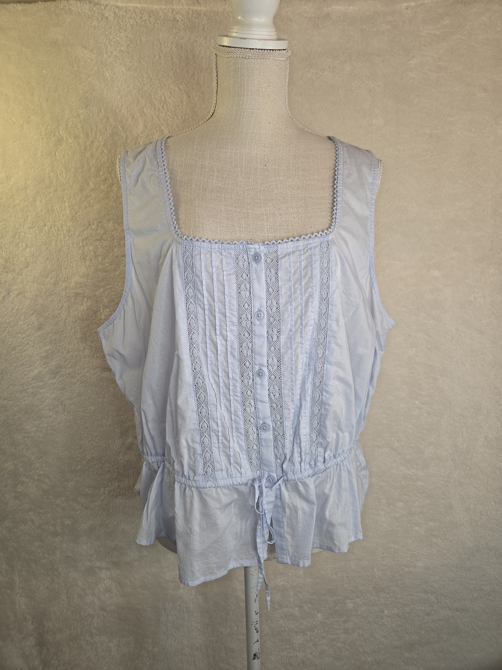 Old Navy Baby Blue Tie Waist Lace Trim Peasant Boho Blouse Sz XL Sleeveless